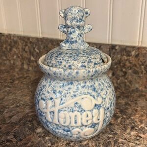 Vintage Pottery Craft Country Blue Bear Honey Pot with Lid Made in USA